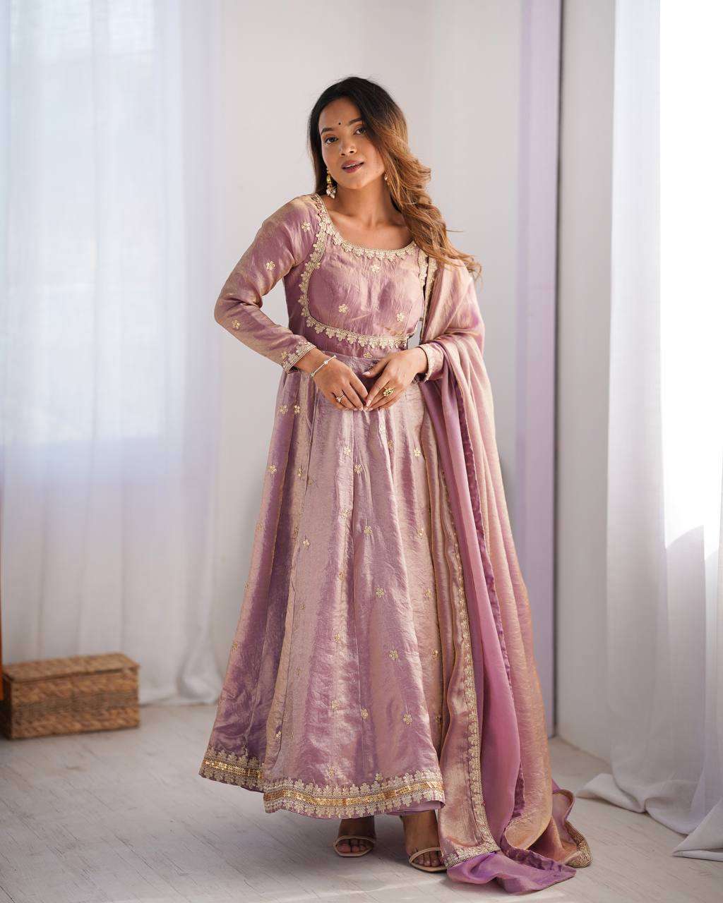 Women's Fandy Silk Coding with Sequnce work Long Anarkali Kurti Gown With Dupatta - Image 11