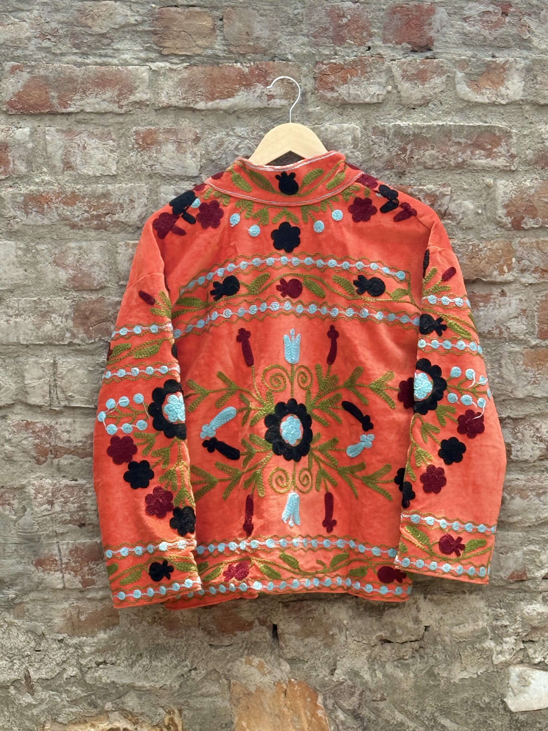 Womens Orange Velvet Embroidered Jacket with Floral Design - Image 6